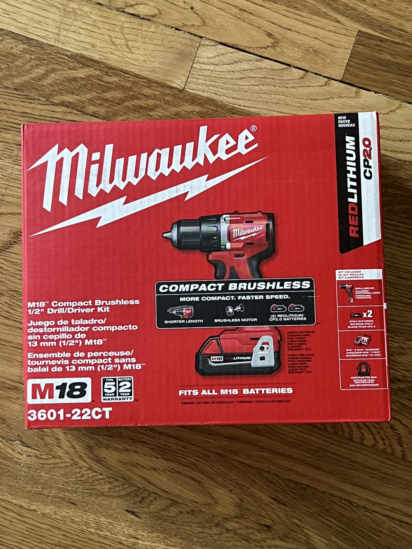 Milwaukee M18 18V Lithium-lon Brushless Cordless 1/2 in. Compact Drill/Driver Kit with Two 2.0 Ah Batteries, Charger and Case