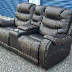 ERIC CHURCH DUAL POWER TOP GRAIN LEATHER SOFA RECLINER COUCH LOVESEAT