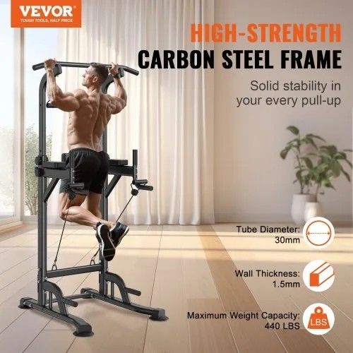 VEVOR Power Tower Dip Station - 10-Level Adjustable Pull-Up Bar Stand, Multi-Function Strength Training and Fitness Equipment, Home Gym