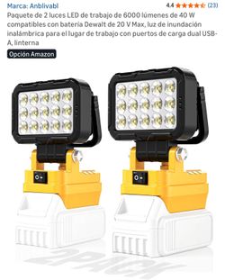 2 LED Work Lights Compatible with Dewalt 20V Battery — Cordless Floodlight with USB Charging Port, Portable Outdoor Lighting, Tool Gifts for Men — Ide