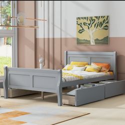 Full Size Storage Bed Frame w/ 4 Drawers – Gray Platform Bed.