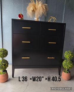 Dresser chest Tv table refinished black and gold pulls 4 drawers
