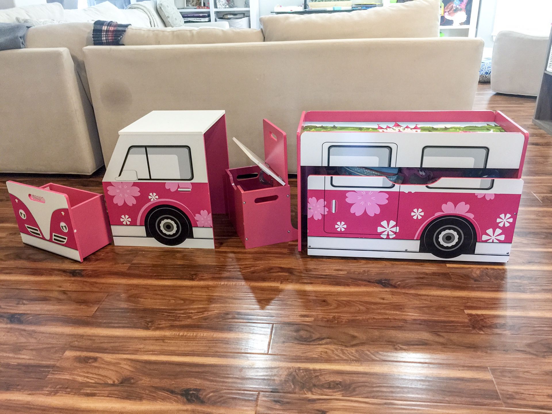 5 piece pink fire truck kids storage and desk