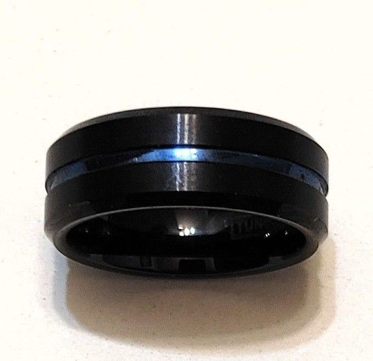 MEN'S SIZE 9 TUNGSTEN CARBIDE BLACK W/BLUE STRIPE RING/BAND MINT CONDITION!👀🤯 Please Read Description.