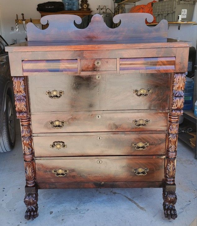 Empire 1830 Antique Mahogany Secretary Dresser, Lion Paw Feet