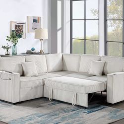 Brand New Beige Corduroy Sectional Sofa Storage Sleeper 