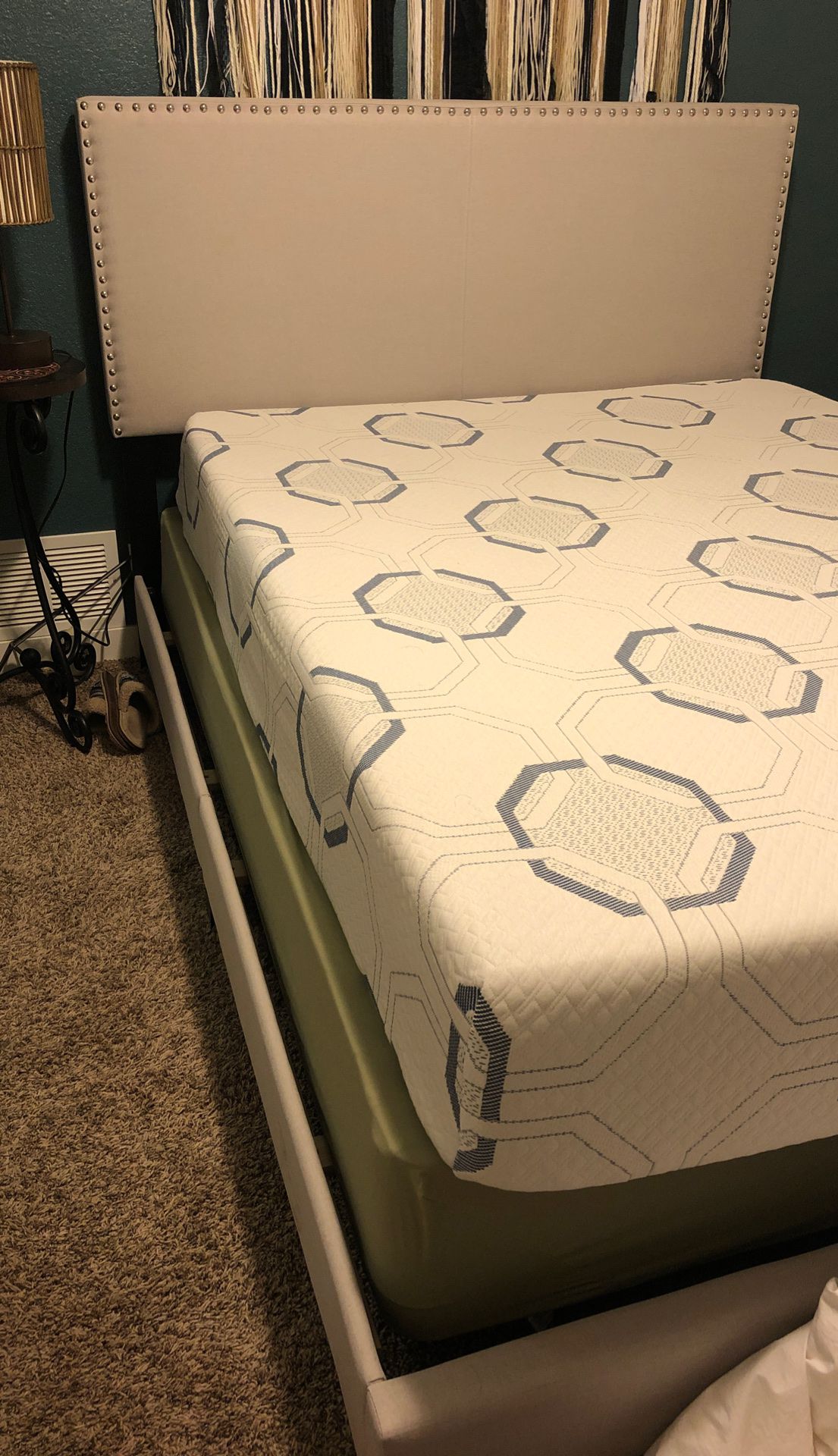 Queen bed frame, memory foam mattress, and box spring - like new