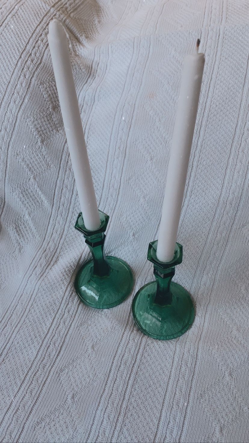 Green glass candle holders