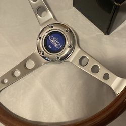 15 Inch Wood Steering Wheel With 3 Spoke Chrome Center And Ford Logo Horn Button 