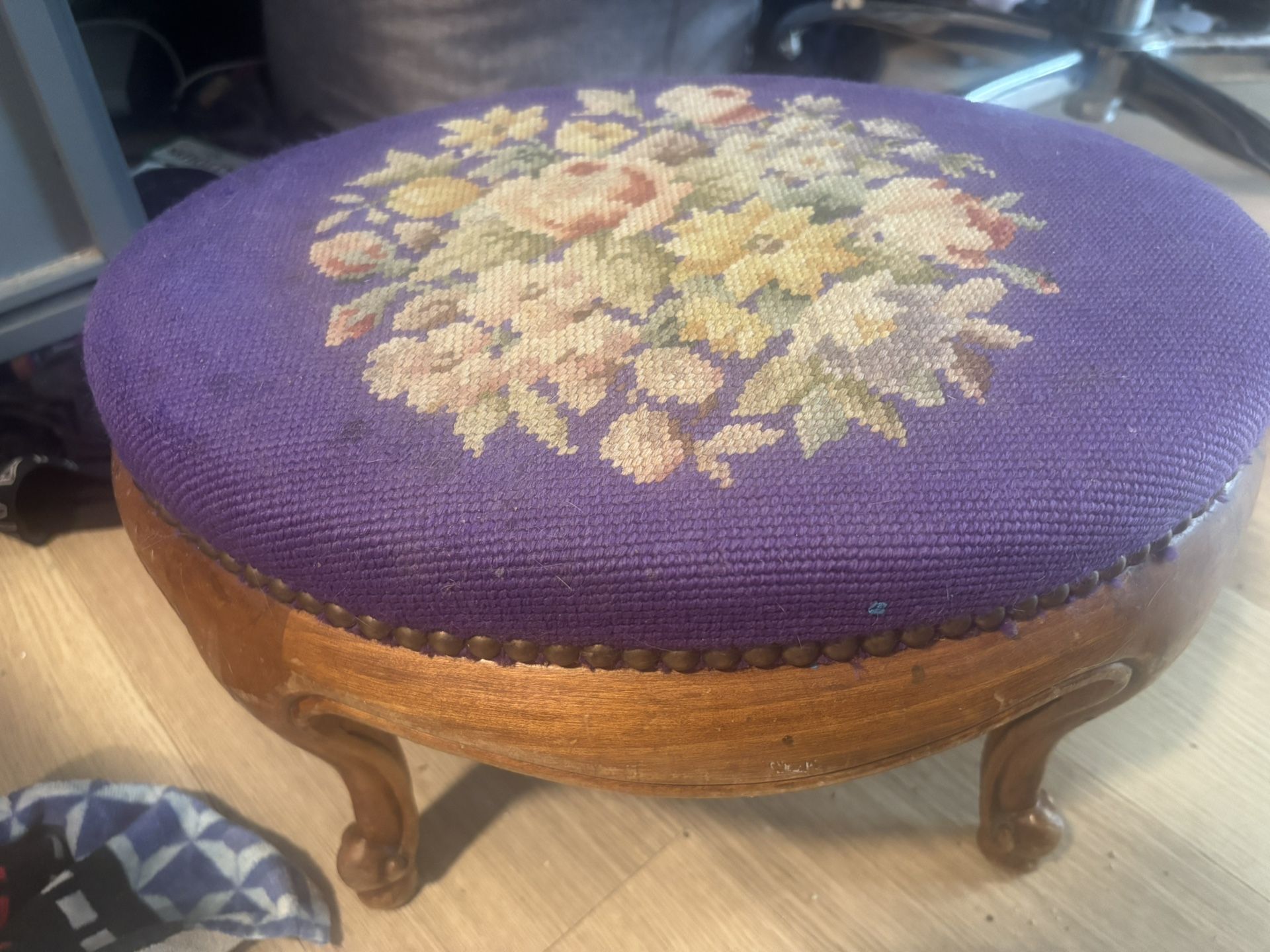 Antique embroidered purple floral foot stool