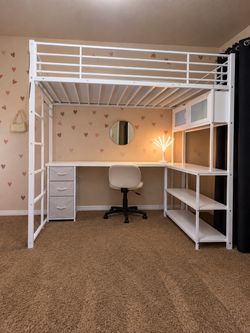 White Metal Loft Bed with Desk and Shelves