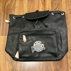 Vintage Planet Hollywood Black Leather Backpack Embroidered Logo Side Zipper NWOT