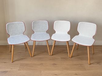 Custom Set of 4 INCLASS Modern Dining Chairs – Gray & White Upholstery with Orange Trim and Wood Leg