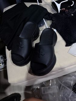 Black Platform Slide Sandals with Flower Detail