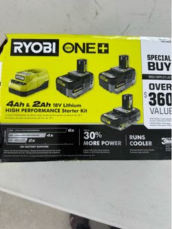 RYOBI BULITHILE lIGH PERFORMANCI UP TO RUNTI/ % MORE POWER WORKS WITH ANY ONE+" TOOL ONE+ 18V Lithium-lon HIGH PERFORMANCE Starter Kit with 2.0 Live C