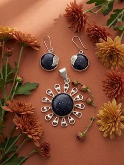 Elegant Set Sun With Earrings Jewlery Set  Black  specular hematit stone Stone