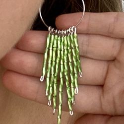 Beaded Earrings Green Silver Hoops