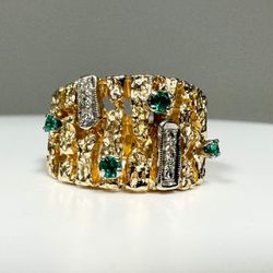 Ladies Emerald & Diamond 10k Gold Nugget Ring 12.2 Grams Size 7.25 11047084