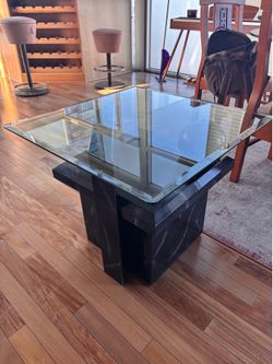 Modern Sculptural Glass Coffee Table | Postmodern Faux Marble Base