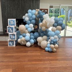 Ready Made Baby Shower Balloon Garlands, Florals (no Vases) Lanterns, Baby Boxes, Bag Of Blue And White Table Runners And Chiffon Type Swag