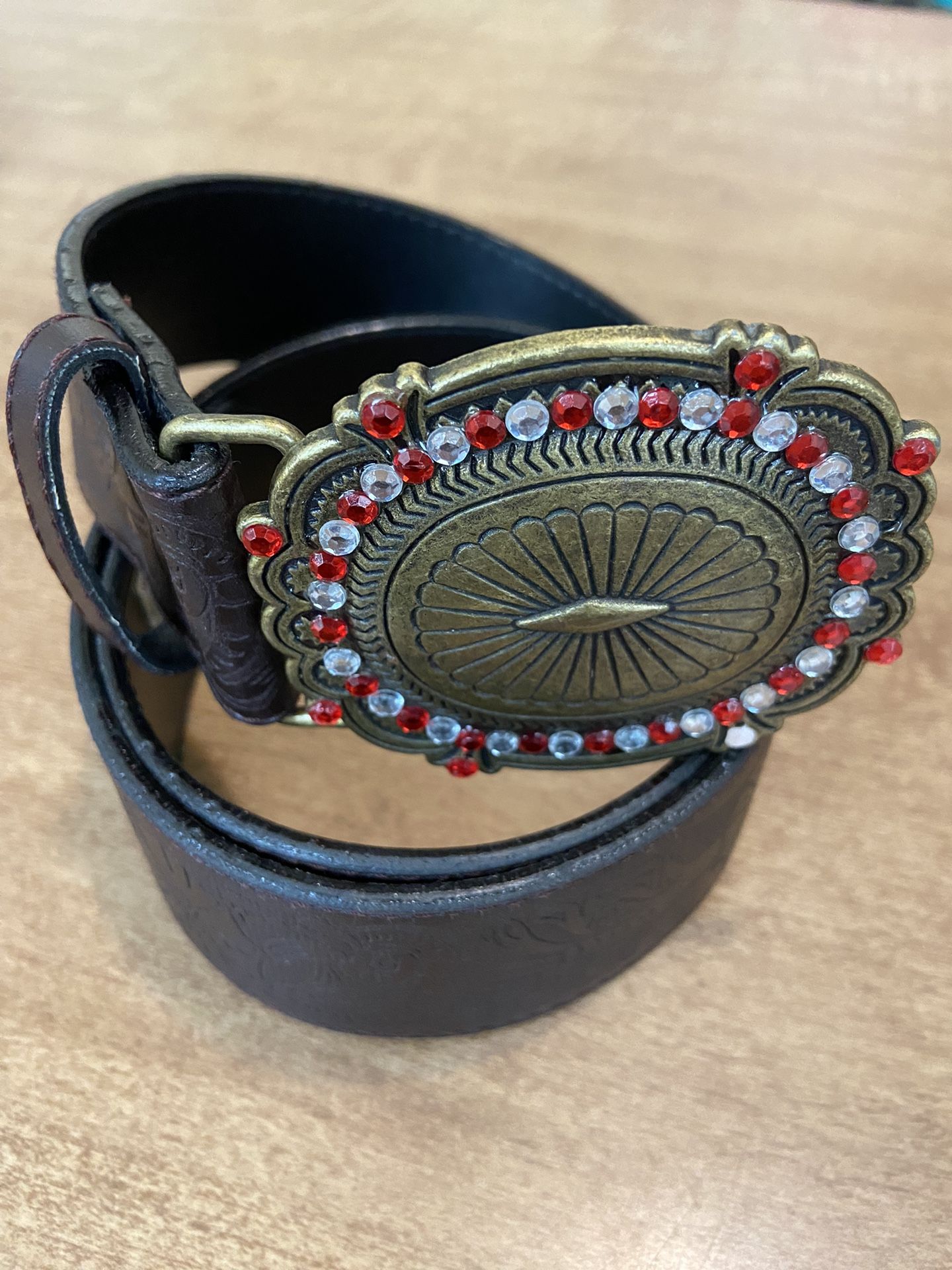 Women Floral brown leather Rhinestone Decor Vintage Buckle Belt SZ3/4