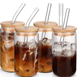 DWTS DANWEITESI Glass Cups with Lids and Straws 4 pcs, 16oz