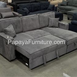 New! Reversible Grey corduroy Sectional Sofa Bed, Sectional Sofa Bed, Grey Sofa, Sleeper Sofa, Grey Couch, Reversible Sectional, Sectional Sofa With P