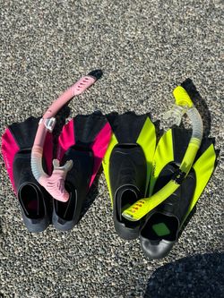 Two Snorkel and Fin Sets Pink and Yellow