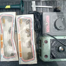 Box Of Vintage toy Train Accessories And Transformer 
