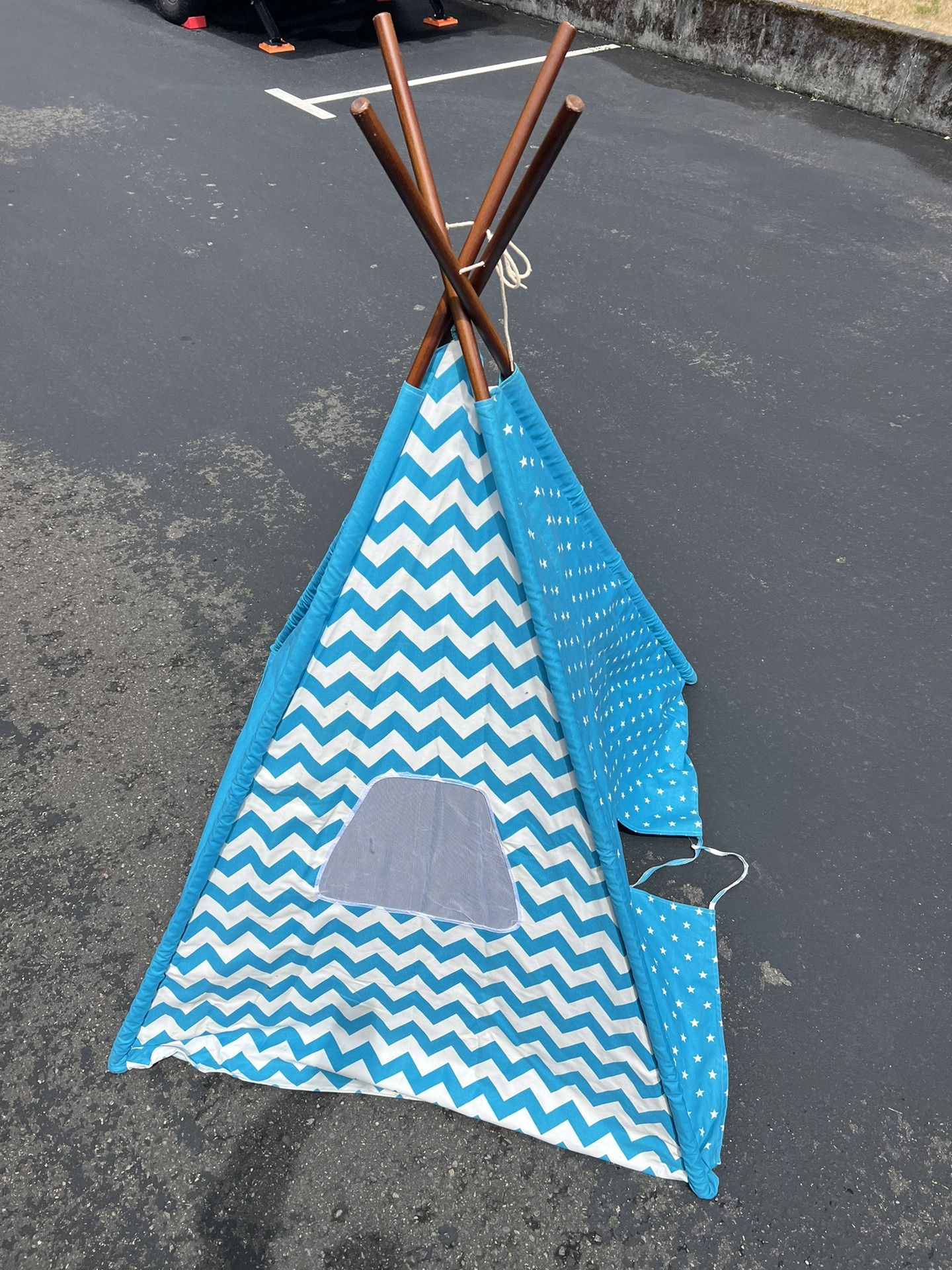 Bacati Mix N Match Ikat Chevron/Dots, Aqua/Grey Teepee Tent for Kids/Toddlers, 100% Cotton Breathable Percale Fabric Cover