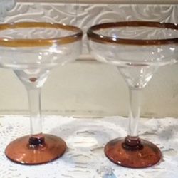 Set Of Two Cazadores Hand Blown Margarita Glasses Brown Rim&Base
