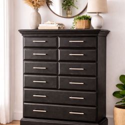 black dresser with modern silver bar handles