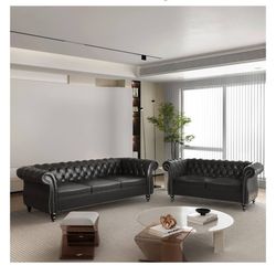 2 pc Living Room Set, Chesterfield FAUX Leather Sofa Loveseat Couch with Scroll Arms and Nailhead BLACK
