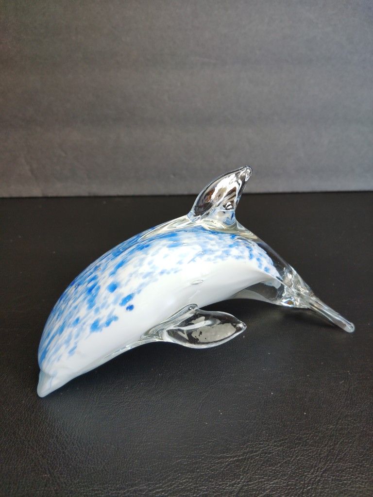 Dolphin Art Glass Hand Blown Blue White Splash Paperweight/Shelf Decor, Beautiful!