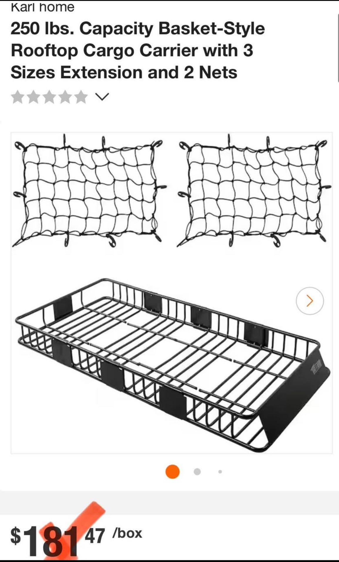 Karl nome 250 Ibs. Capacity Basket-Style Rooftop Cargo Carrier with 3 Sizes Extension and 2 Nets
