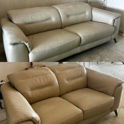 Grey Beige Modern Leather Sofa & Loveseat Set