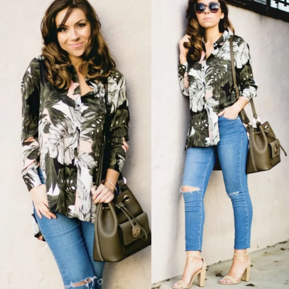 Topshop silky oversized hi-low blouse long sleeves palm print women Size 4