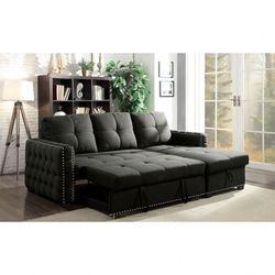 DARK GRAY LINEN FABRIC SECTIONAL SOFA CHAISE LOUNGE SLEEPER PULL OUT BED