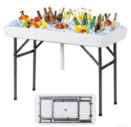 4 Feet Folding Ice Table with Drain, Portable Furniture Ice Table Folding Ice Cooler Table for Outdoor Cooling Food Beverage, Picnic, BBQ Party and Ca