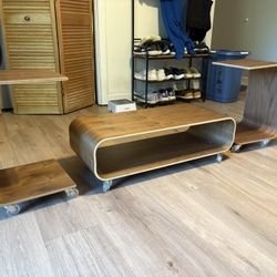 Console / coffee table & 2 c- shaped  end tables (on wheels)