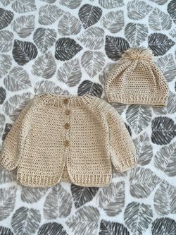 New baby boy handmade crochet 6 months cardigan with matching beanie hat