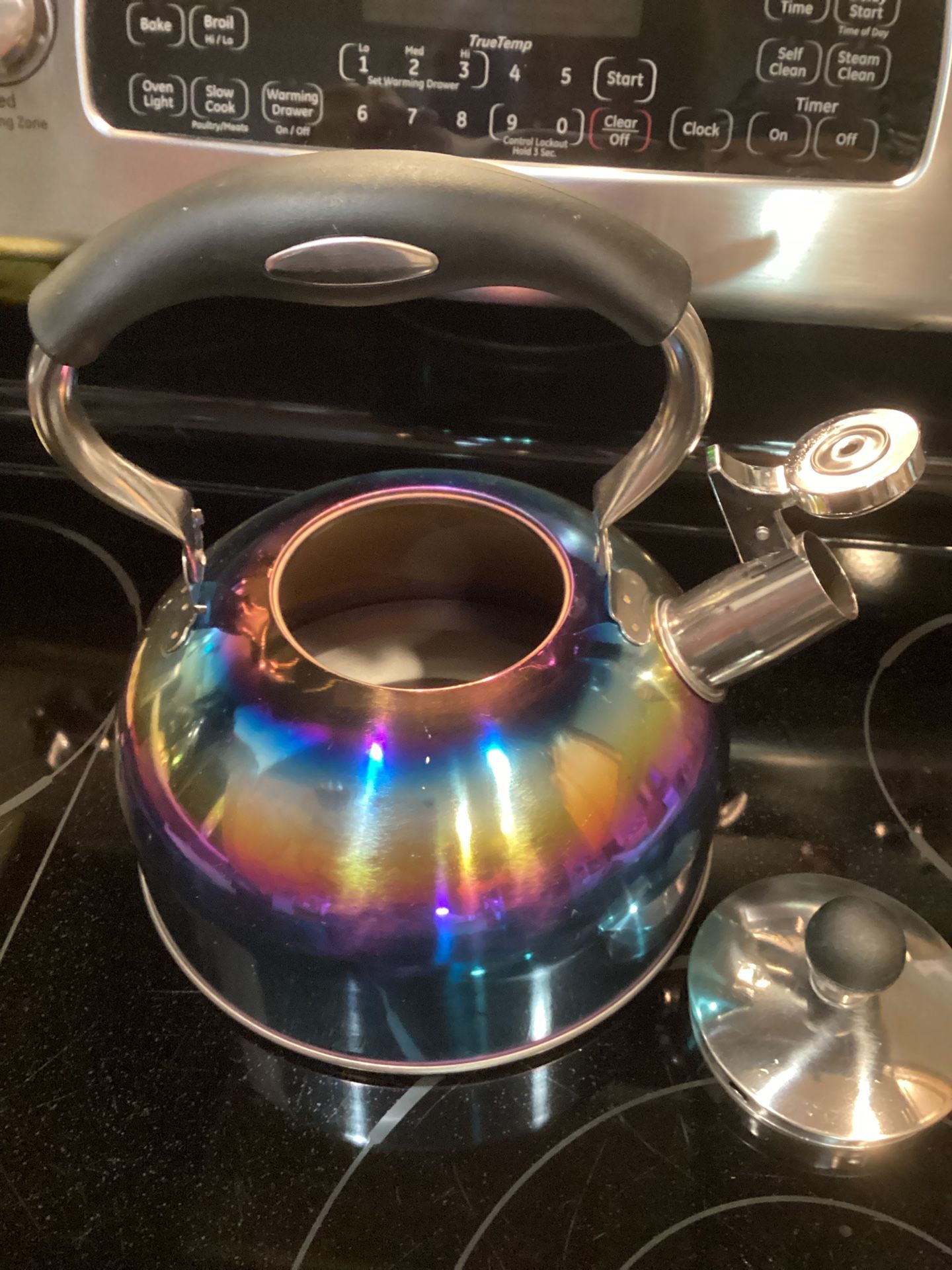 Tea Kettle - 10 Cup Tea Kettle - Stovetop -Whistles Upon Coming To A Boil - Multi-colored. Removable Refill Lid, Manual Spout