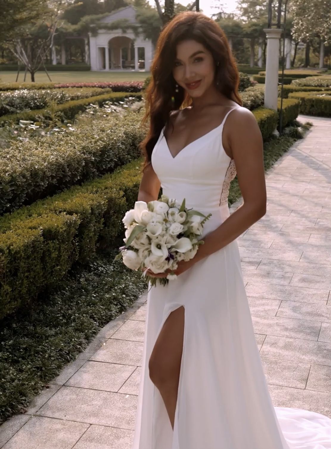 A-line V Neck Chiffon Court Train Wedding Dress with Lace Split