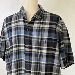 Tommy Bahama Silk Shirt Mens Size XL  Blue Plaid Button Front Short Sleeve 