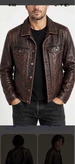 Lucky Brand Men's Distressed Brown Leather Trucker Jacket