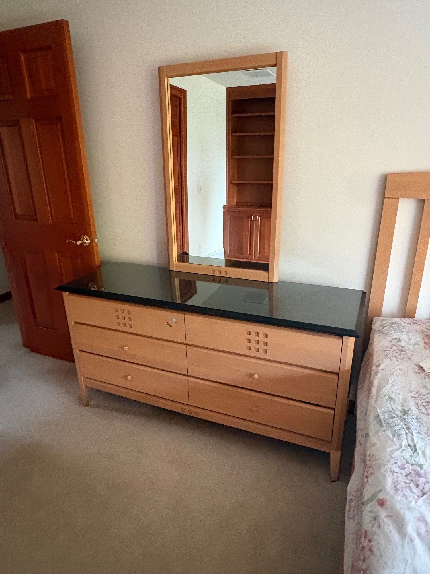 Light Wood Six-Drawer Dresser with Matching Mirror and Dark Top