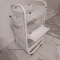 3 Tier White Metal Rolling Utility Cart