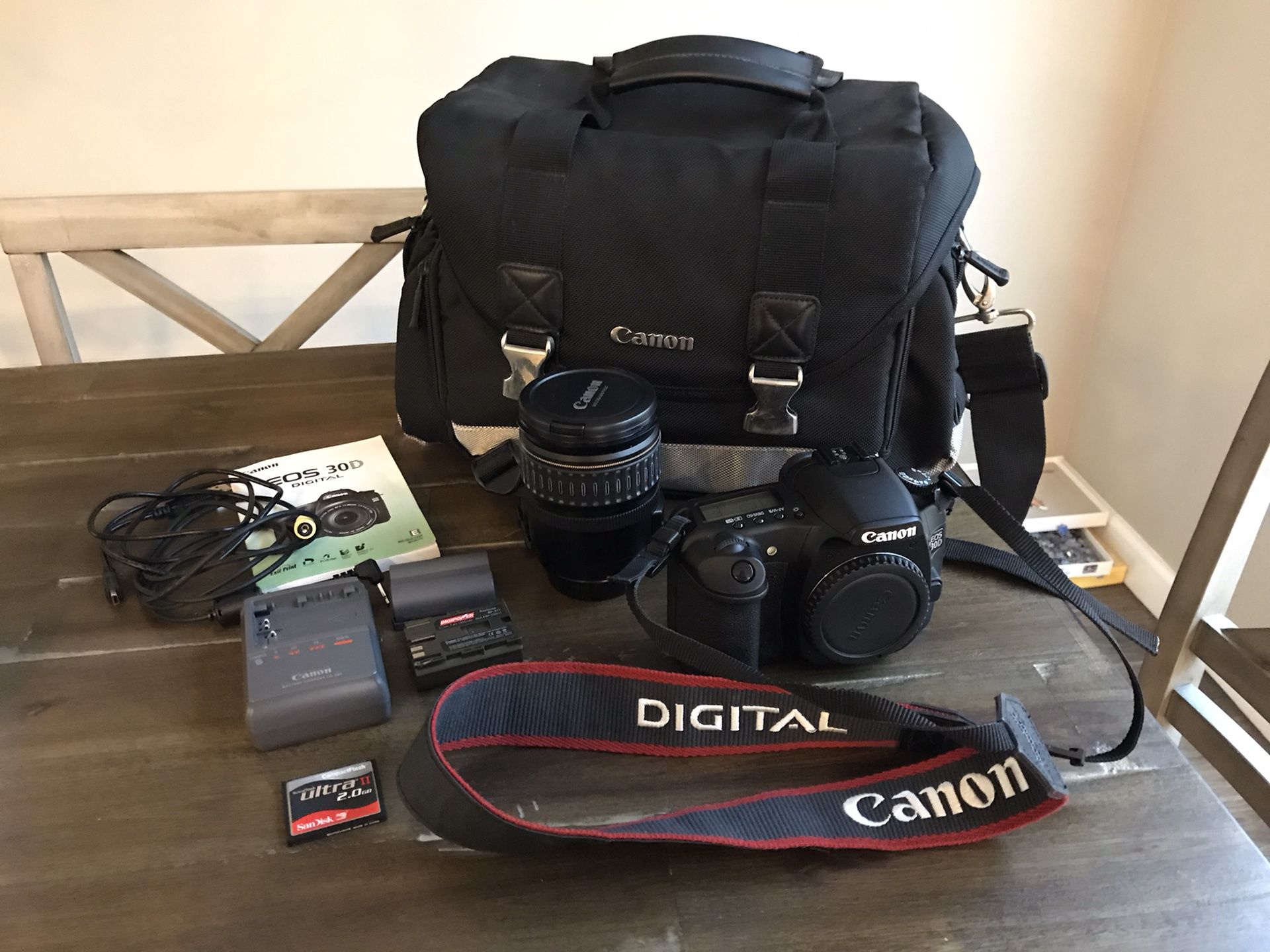 Canon EOS 30D DSLR Camera with EF 28-135mm f/3.5-5.6 IS Lens, 2 Batteries (1 Lithium), Canon Bag, 2GB Memory Card, Cables