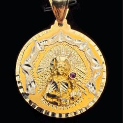 14k solid two tone gold Religious Saint Barbara Natural Ruby stone Diamond cut medallion charm pendant