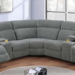 Brand New Grey Super Plush Corduroy Reclining Sectional Sofa